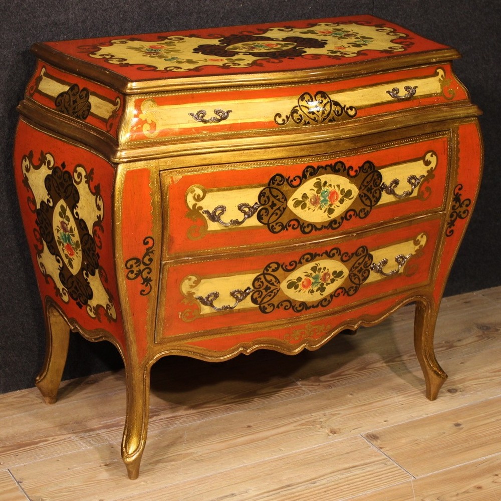 Lacquered commode painted dresser antique Tuscan style chest drawers 20th cent