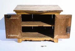 17″W, Antique 1930s small Children’s 2 door Cabinet, faux wood grain painted.