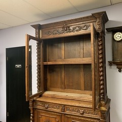 ATQ 1880 Rare French Hunt Cabinet Renaissance Carved Oak Black Forest Bookcase