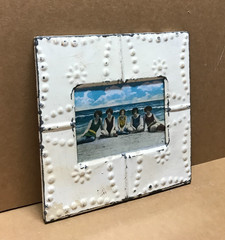 VTG Shabby 11″ Sq. 5×7 Photo Tin Ceiling Metal White Picture Frame Old 386-26B