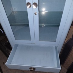 Vintage Baby Blue Curio Cabinet 3 Glass Shelves Two Drawers And A BottomStorage