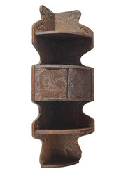 Antique Hand Carved Ornate Wood Wall Shelf Corner Cabinet Primitive Folk Art 31″
