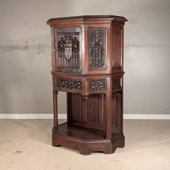 Antique French Gothic Revival Cupboard Cabinet on Stand in Wood Oak