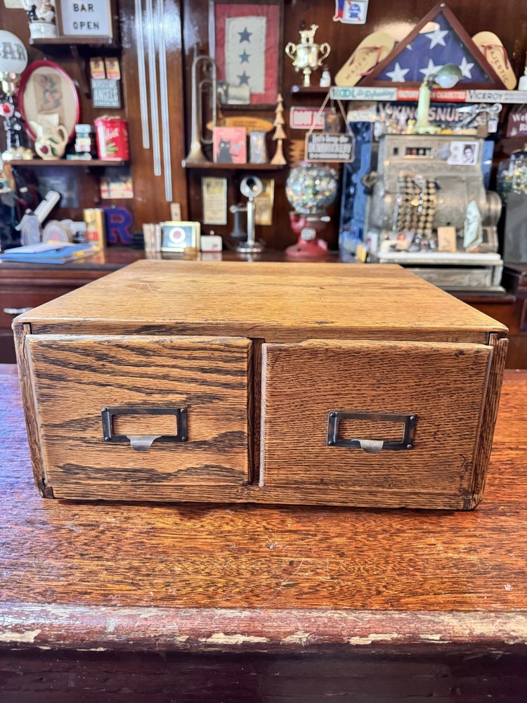 Vintage Wood Card Catalog 2 Drawer Oak Library Desk File Cabinet