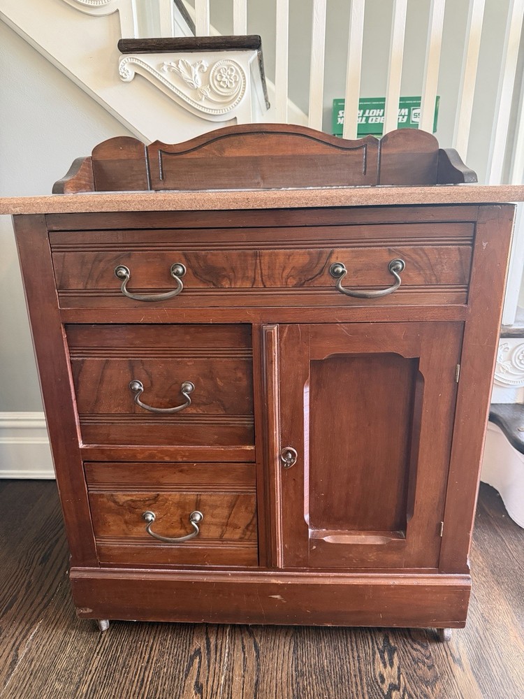 19th century Antique Oak Wood Wash stand (cabinet) with Marble top