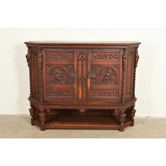 Antique French Gothic Revival Oak Bar Cabinet With Carved Figures, Circa 1890s