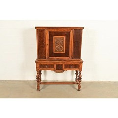 Early Romweber Antique English Jacobean Carved Oak Bar Cabinet, Circa 1900