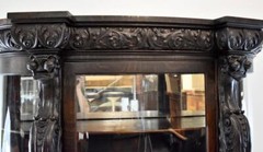 Horner Style Oak Curved Glass China Cabinet Curio with Lion Heads