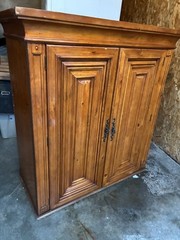 Antique Wooden Cabinet, Raised Panel Doors, Carvings, 48″ Tall, Two Doors