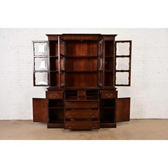 Baker Furniture Style Georgian Mahogany Bubble Glass Breakfront Bookcase Cabinet