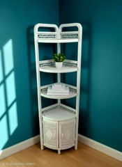 Vintage White Wicker Corner Etagere Cabinet 4 Shelves, Two Door Cabinets Base