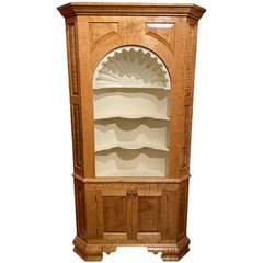 JP Callahan Custom Tiger Maple Two-Part Corner Cupboard with Shell Carving