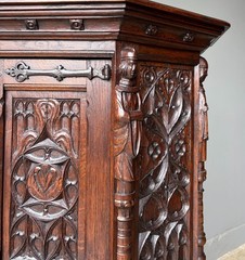 Vintage French Gothic Revival Cabinet/Console/Sideboard, Highly Carved Oak Wood