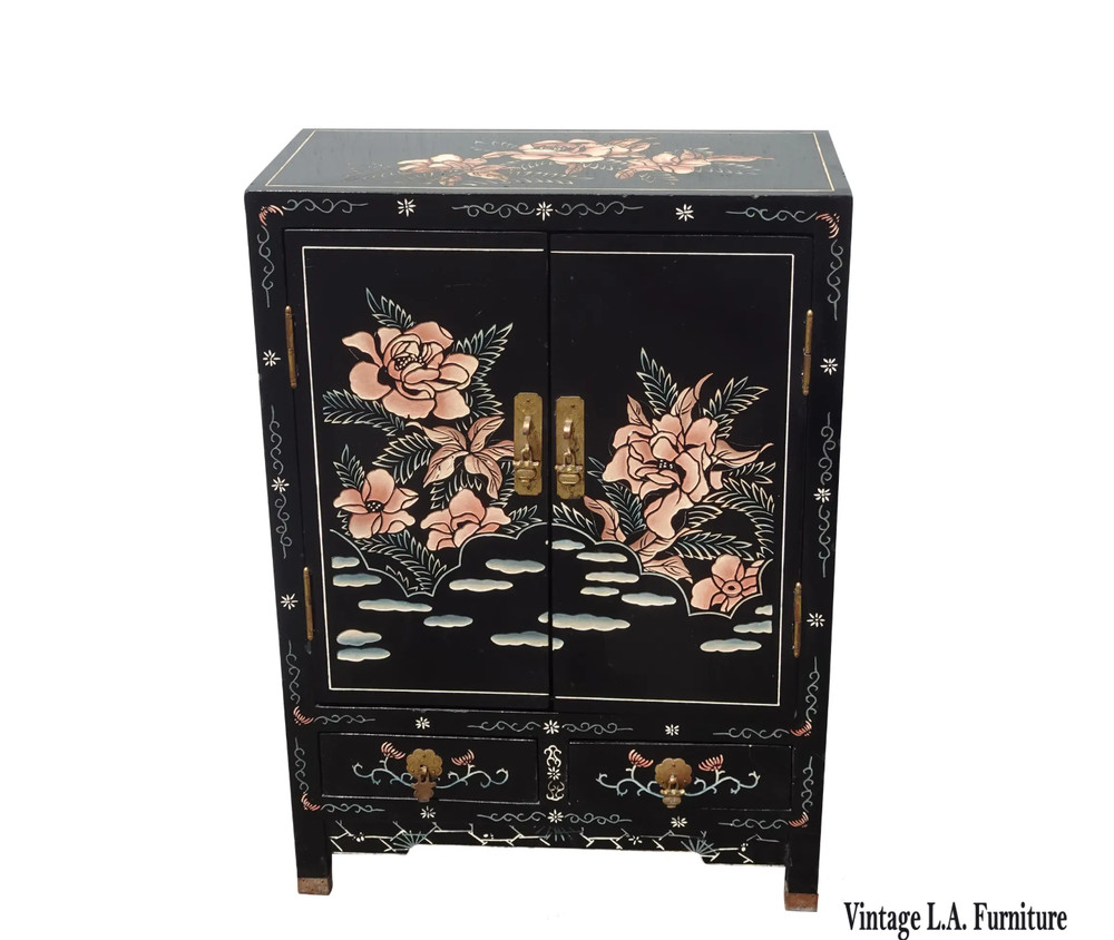 Vintage Chinese Asian Black Lacquer Chinoiserie Cabinet Side Table