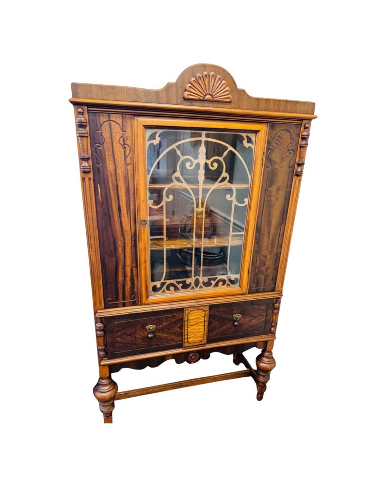 1920’s Jacobean Victorian Display Cabinet With Leaded Glass