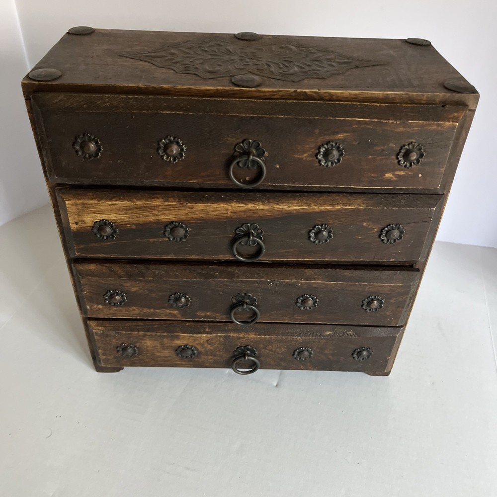 Vtg Hindu Asian 4 Drawer Solid Wood Metal Jewelry Spice Organizer 11.5 x 5.5x 11