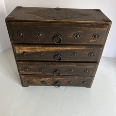 Vtg Hindu Asian 4 Drawer Solid Wood Metal Jewelry Spice Organizer 11.5 x 5.5x 11