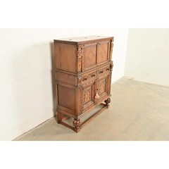 Antique English Jacobean Carved Oak Bar Cabinet, Circa 1920s