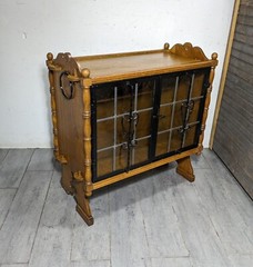 Antique Victorian Arts & Crafts Gothic Oak Cabinet Table with Glass Iron Doors