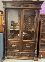 Large Antique Carved Walnut Lighted Display Cabinet Bookcase Library