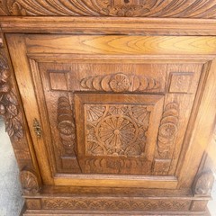 Antique French Oak Floor Cabinet with Drawer. Carved Lions Heads and Fruit