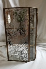 Vintage Brass and Etched Lace Glass Mirrored Curio Display Cabinet 10-3/4″ h