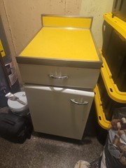 Vintage 1950s Yellow Metal Kitchen Cabinet w/ Formica Top 36″H Mid-Century