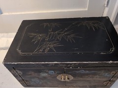 Scarce Vintage Chinese Black Lacquered Painted 2 Door Cabinet 20″x 12″X 11″