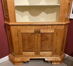 JP Callahan Custom Tiger Maple Two-Part Corner Cupboard with Shell Carving