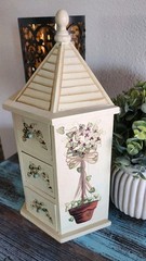 Vtg Wooden Trinket Jewelry Box Cabinet Tole Painted Topiary Cottagecore