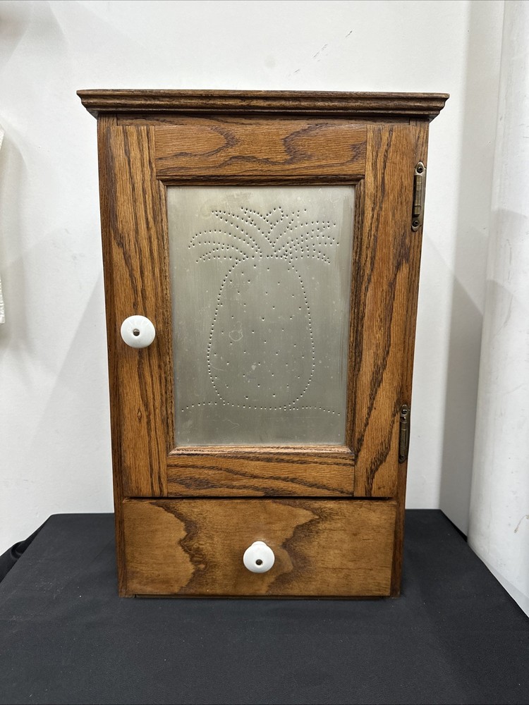 Antique Medicine Apothecary Cabinet Tiger Oak Wood Punched Tin Pineapple 🍍