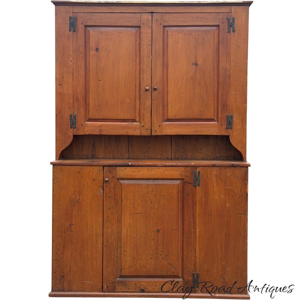 Antique NY country cupboard cabinet 18th raised panel primitive farm step back
