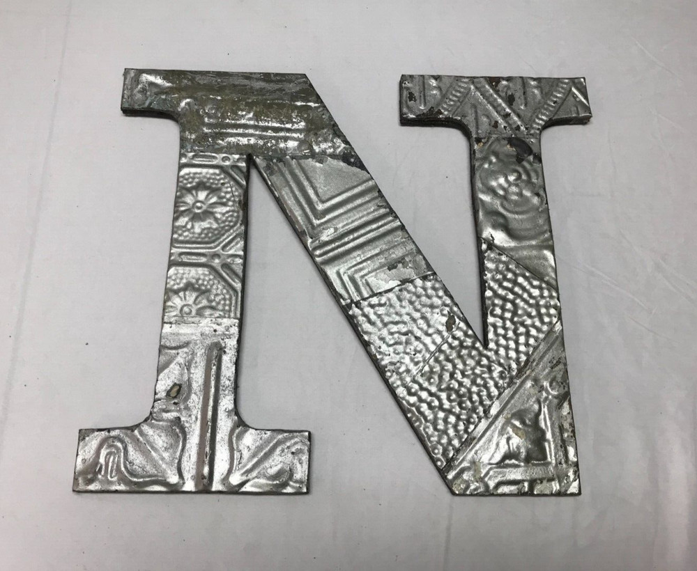 Decorative Salvaged Tin Ceiling 16″ Patchwork Silver Metal Letter N Old 1626-23B