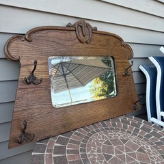 Antique Oak Hall Vebeled Mirror w/Coat Hooks