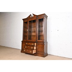 Drexel Heritage Georgian Carved Mahogany Lighted Breakfront Bookcase Cabinet