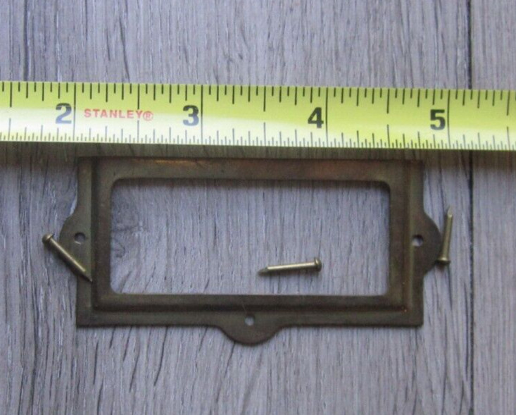 library card catalog brass label frame slot + pin nails hardware