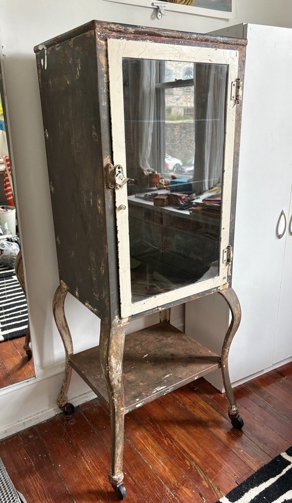 Antique steel and glass Medical apothecary Cabinet with Cabriole Legs