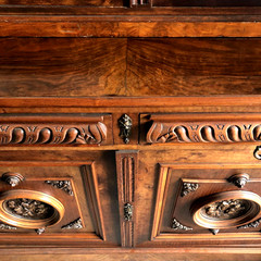 Rare LG Matching Pair Antique French Walnut Hutches Carved Cameos Lions Columns