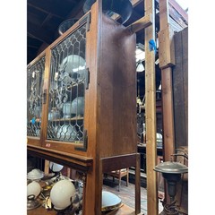 Massive Antique Oak Built-In Cabinet with Leaded Glass Doors