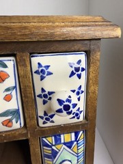 Mini Painted Cabinet Organizer – Wood And Ceramic Colorful – Missing Drawer – E