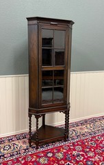 Antique English Jacobean Corner Cabinet Barley Twist Legs Glass Door Oak 1920s