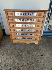 Antique Clark’s O.N.T. Spool Cotton Oak Store Display Cabinet Sewing Notions