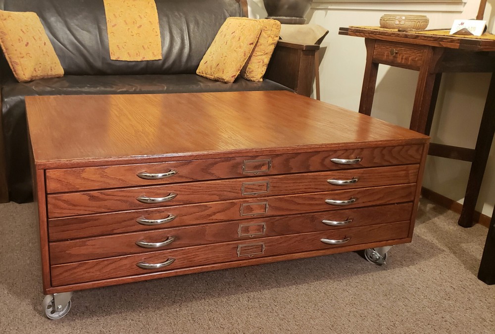 ~ Vintage MCM Oak Flat File Cabinet Industrial 4 Drawers Coffee Table w Wheels ~