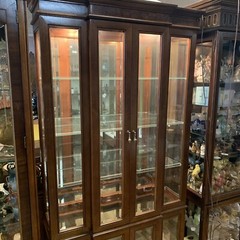 VTG Mid-Century Solid Walnut Wood Glass 4 Shelf Lighted Curio Cabinet 37″L 76″H