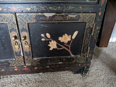Antique Black Lacquered Wood Cabinet w/ Asian Motif, 2 Doors 2 Drawers 2ft