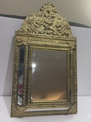 VTG Mirror Brass Glass Shoes Brushes Cabinet Continental Ornate Wall Hanging