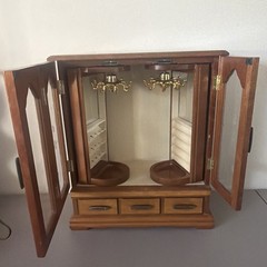 Vintage Large Wood And Glass Door Jewelry Cabinet