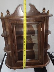 vtg Original curio Wood Walnut Color cabinet Door Inside Collectible Covered