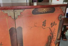 Cabinet on Stand, Chinoiserie, Japanned, Console Base China, Asian, Walnut,66″t