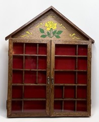VTG Wooden House Shape Wall Curio Knickknack Display Cabinet Red Velvet Interior
